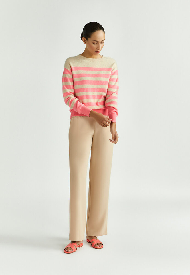 Beige gestreepte trui met fluo 