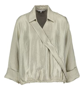 Taupe kleurige glanzende bloes met strop onderaan Hester Xandres