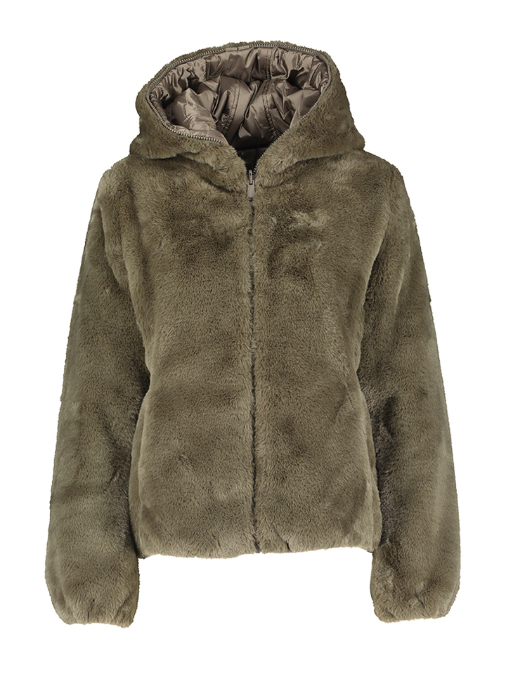 Kaki omkeerbare faux fur jas met rit sen kap Laila Fury Save The Duck