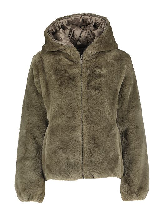 Kaki omkeerbare faux fur jas met rit sen kap Laila Fury Save The Duck