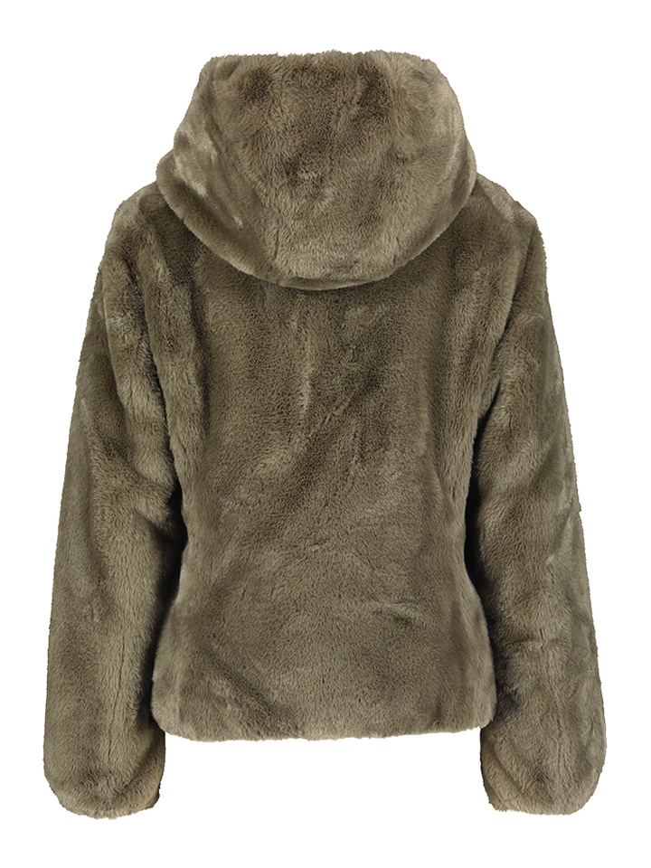 Kaki omkeerbare faux fur jas met rit sen kap Laila Fury Save The Duck