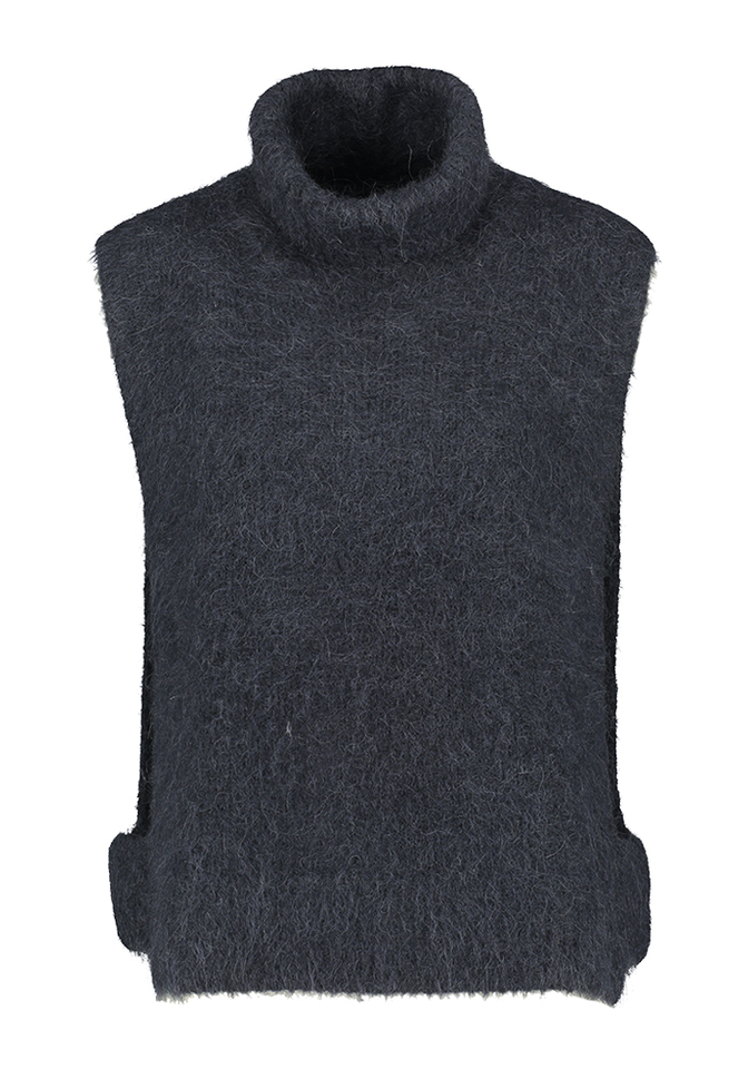 Blauwe wollen mouwloze trui 