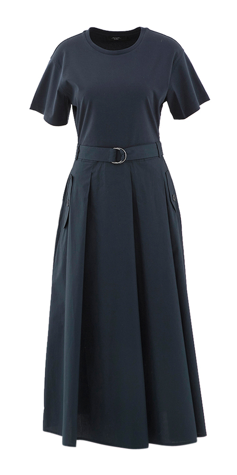 Donkerblauwe lange jurk met plooirok en zakken  Gommoso Max Mara Weekend