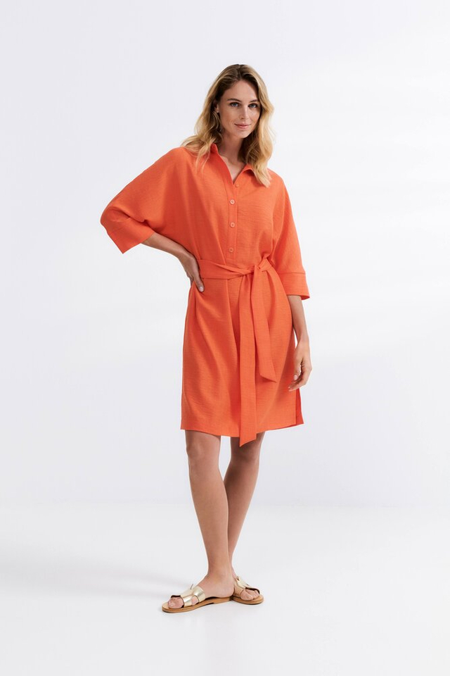 Oranje soepelvallende jurk met lint en zakken Her