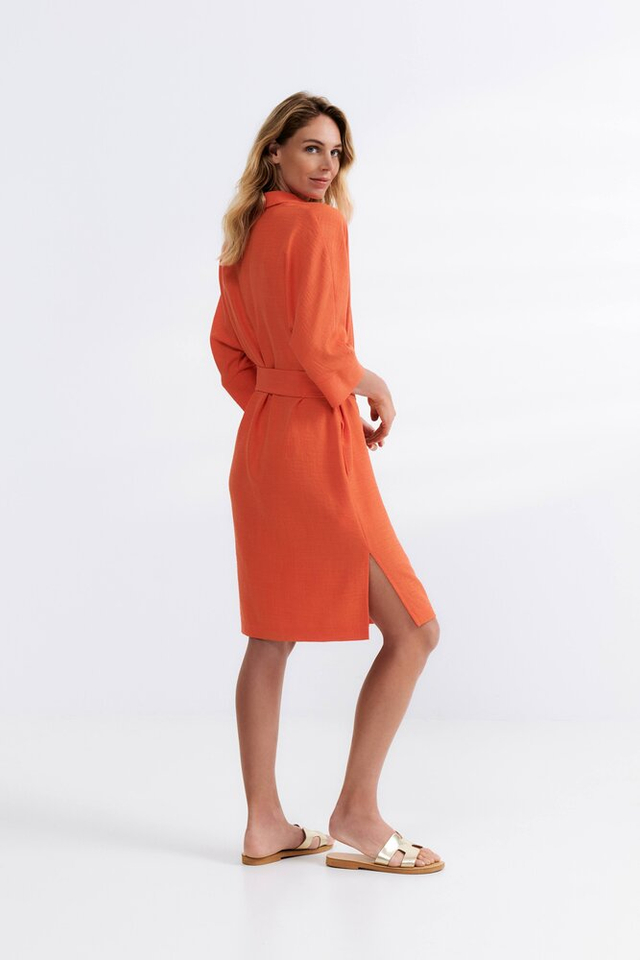 Oranje soepelvallende jurk met lint en zakken Her