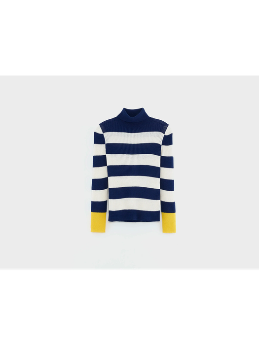 Blauw en ecru gestreepte trui met rolkraag Gerzo Bellerose