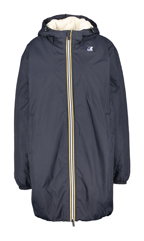 Blauwe jas met rits en kap in teddy stof K-Way 