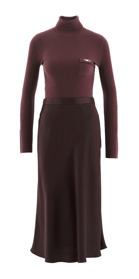 Bordeaux feestelijke maxi jurk met rolkraag Elisabetta Franchi