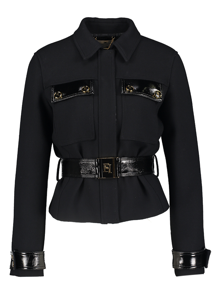 Zwarte jas met opgestikte zakken en bijhorende riem Elisabetta Franchi