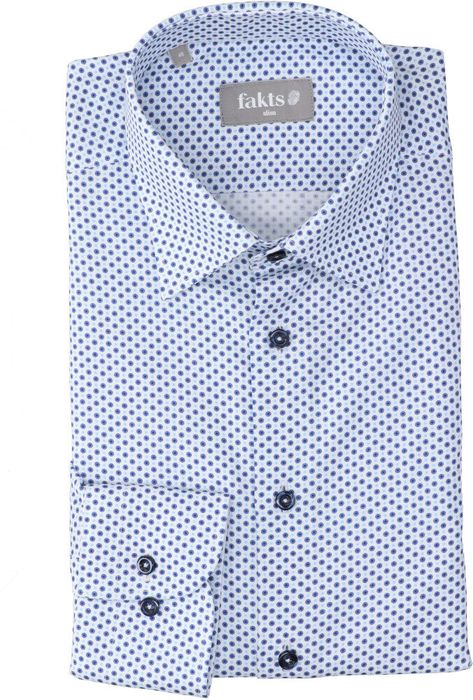 Wit katoenen hemd ( slim fit) met blauwe bollen en lange mouwen Fakts