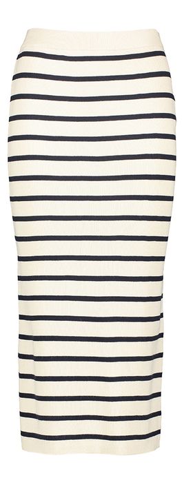 Beige rok met edonkerblauwe strepen en split achteraan Vimaka Vila