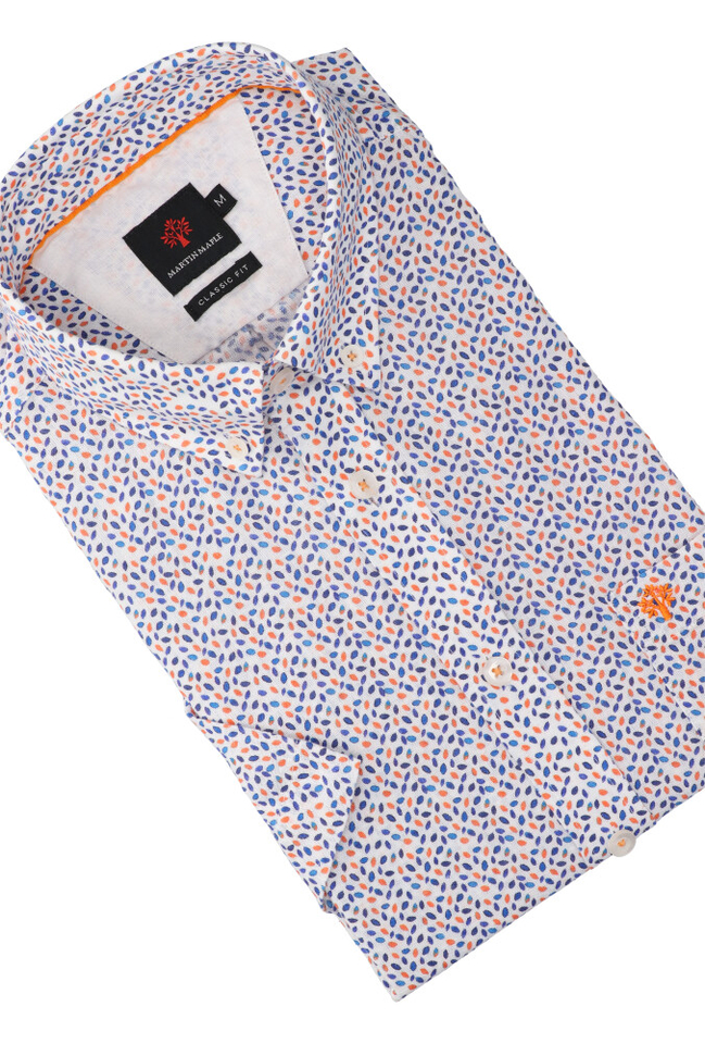 Wit linnen hemd (regular fit) met blauwe en oranje details en korte mouwen Martin Maple