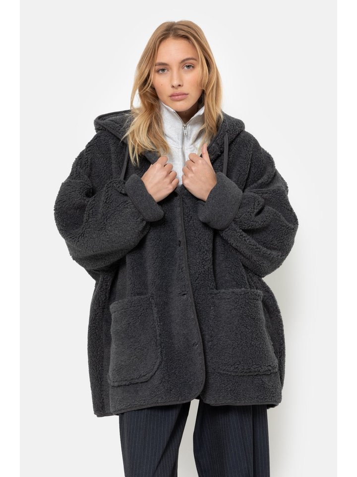 Donkergrijze teddy jas met kap Kenji Ame
