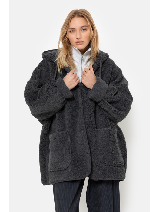 Donkergrijze teddy jas met kap Kenji Ame