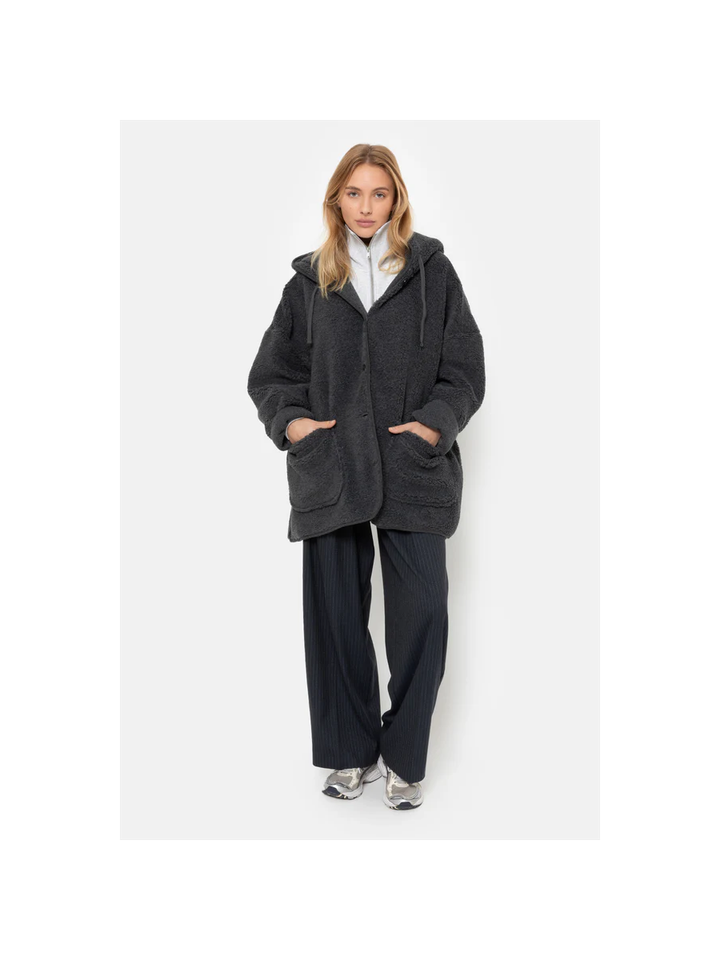 Donkergrijze teddy jas met kap Kenji Ame