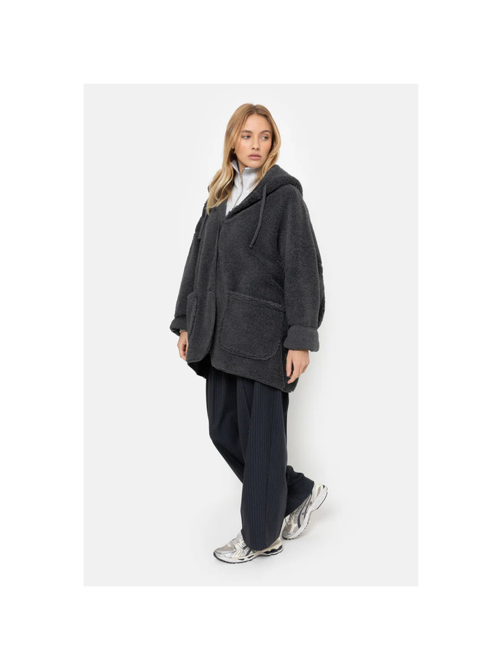 Donkergrijze teddy jas met kap Kenji Ame