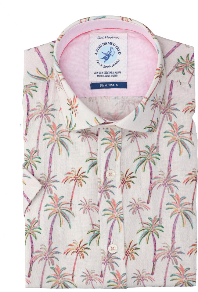 Lichtroze katoenen hemd (regular fit) met korte mouwen in tropische print A Fish Named Fred