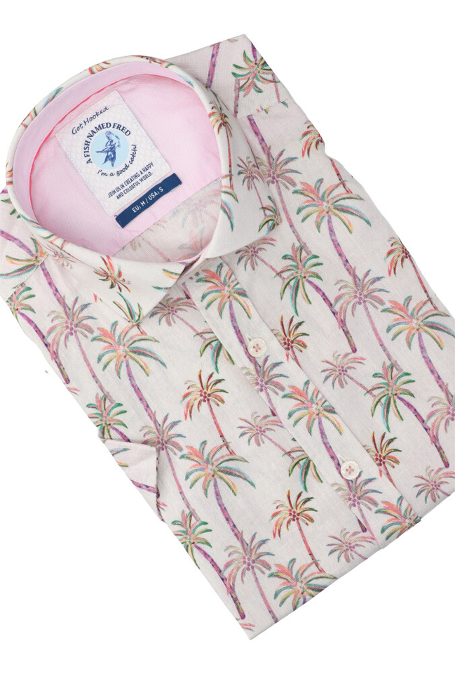 Lichtroze katoenen hemd (regular fit) met korte mouwen in tropische print A Fish Named Fred