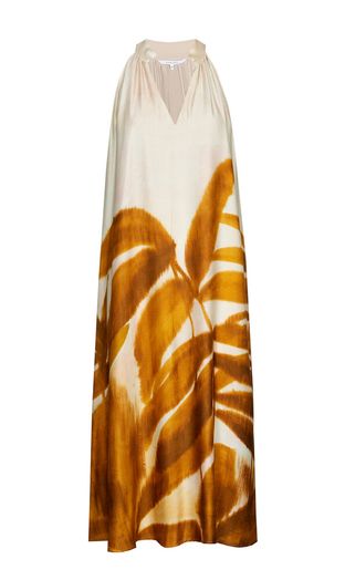 Beige losse jurk met bruine bloemenprint Kobano Xandres