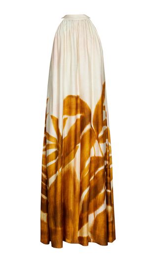 Beige losse jurk met bruine bloemenprint Kobano Xandres