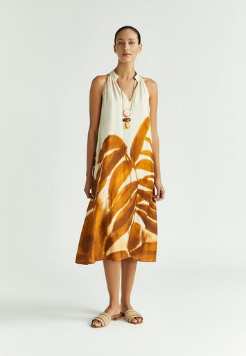 Beige losse jurk met bruine bloemenprint Kobano Xandres