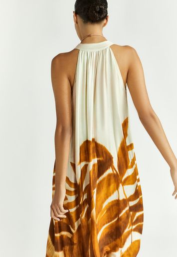 Beige losse jurk met bruine bloemenprint Kobano Xandres