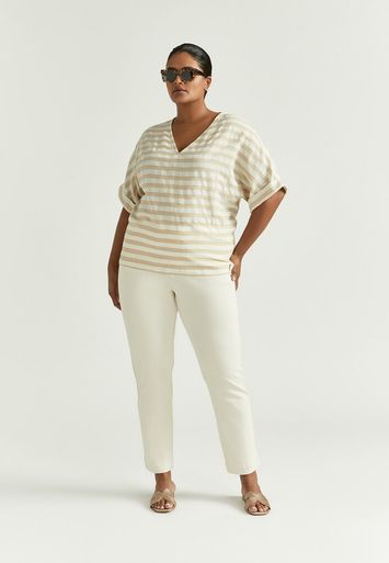Beige en ecru gestreepte blouse met V-hals Limano Xandres