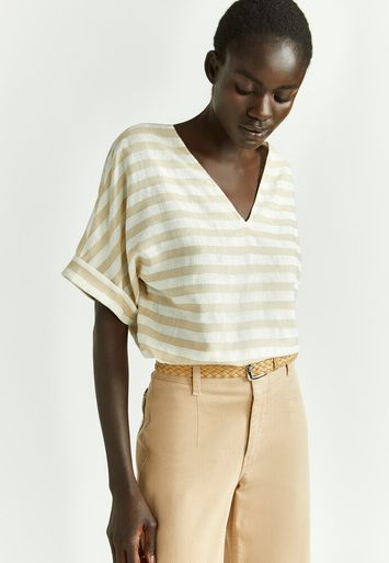 Beige en ecru gestreepte blouse met V-hals Limano Xandres