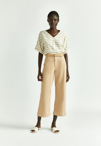 Beige en ecru gestreepte blouse met V-hals Limano Xandres