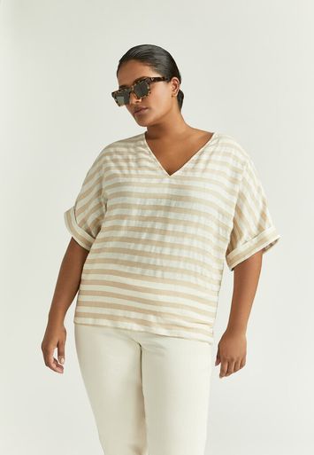 Beige en ecru gestreepte blouse met V-hals Limano Xandres