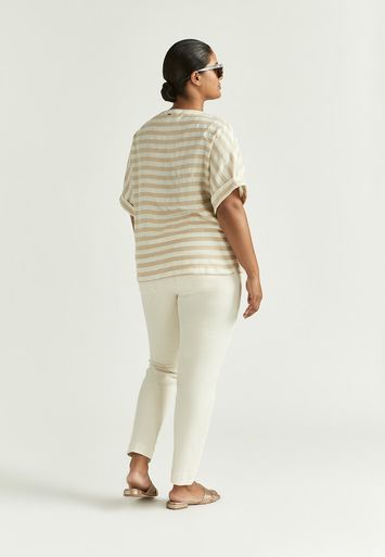 Beige en ecru gestreepte blouse met V-hals Limano Xandres