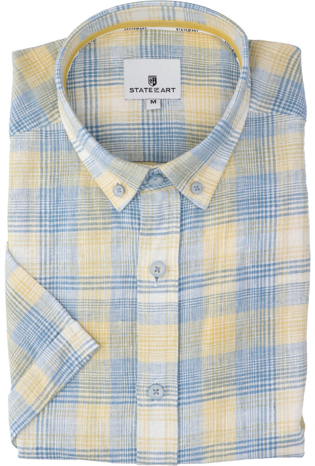 Blauw geel geruit hemd ( regular fit) met korte mouwen State Of Art