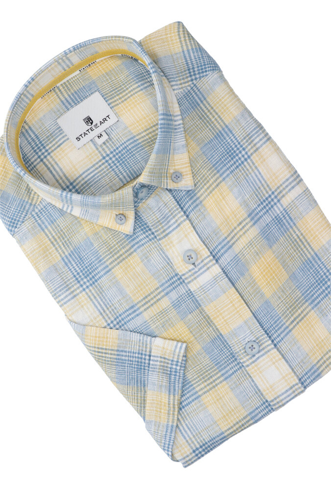 Blauw geel geruit hemd ( regular fit) met korte mouwen State Of Art