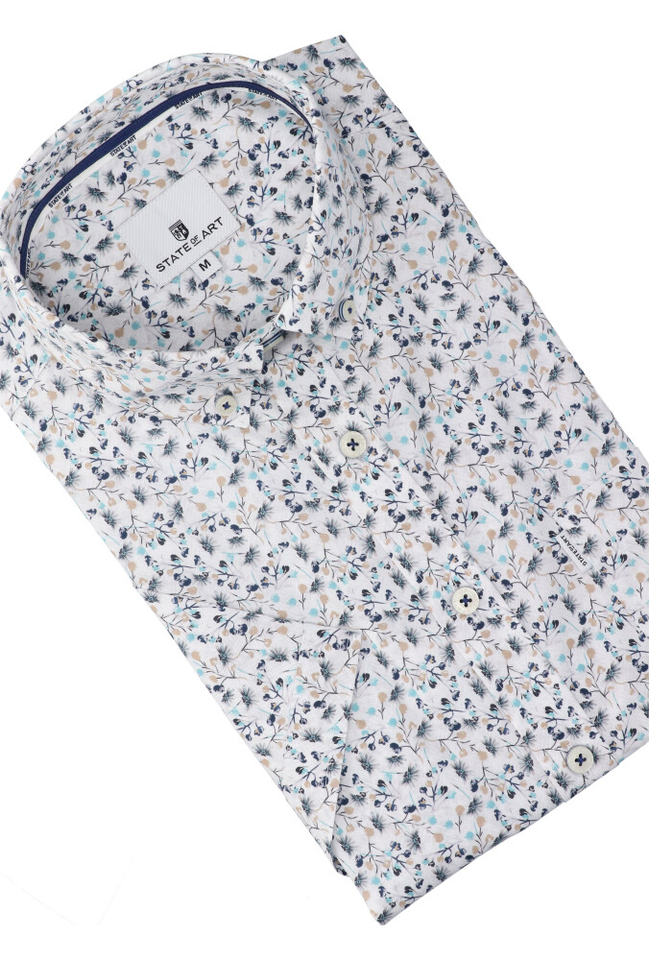 Wit katoenen hemd (regular fit)  met bloemenprint korte mouwen State Of Art 