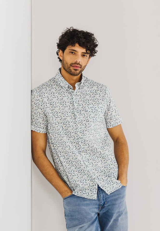 Wit katoenen hemd (regular fit)  met bloemenprint korte mouwen State Of Art 