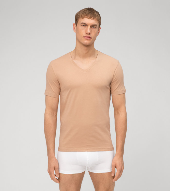 Beige katoenen t-shirt (body fit) met V-hals en korte mouwen Olymp