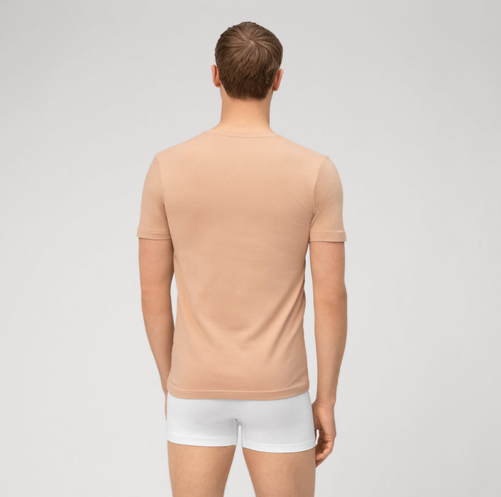 Beige katoenen t-shirt (body fit) met V-hals en korte mouwen Olymp