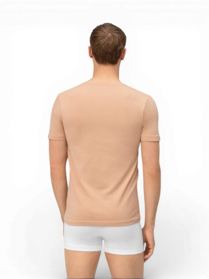 Beige katoenen t-shirt (body fit) met V-hals en korte mouwen Olymp