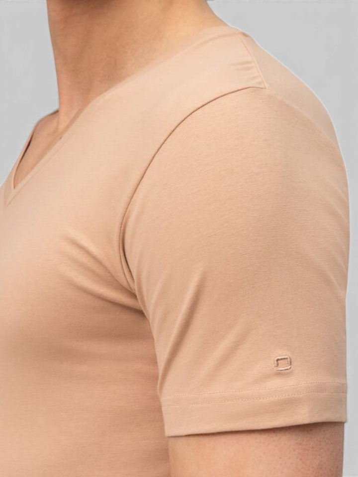 Beige katoenen t-shirt (body fit) met V-hals en korte mouwen Olymp