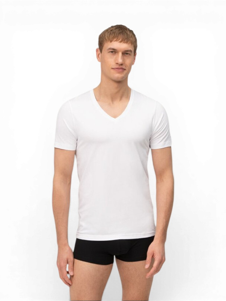 Beige katoenen t-shirt (body fit) met V-hals en korte mouwen Olymp
