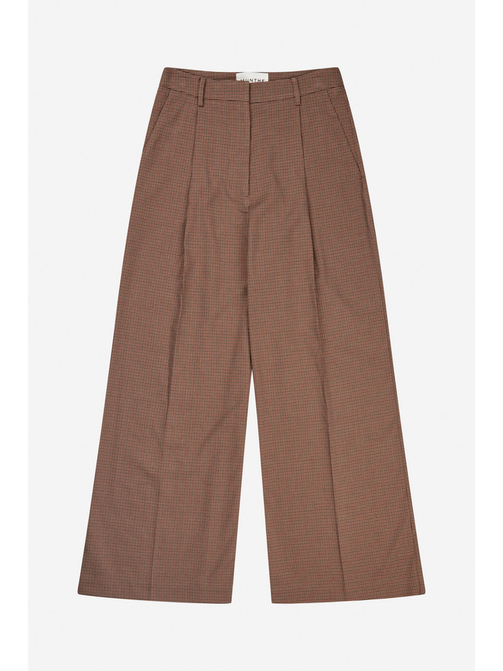Bruine wijde broek met bandplooi in ruitmorief Lupon Munthe 