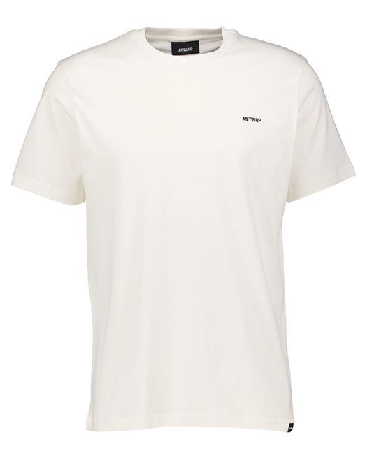 Ecru katoenen t-shirt met ronde hals en korte mouwen en print op de achterkant Antwrp