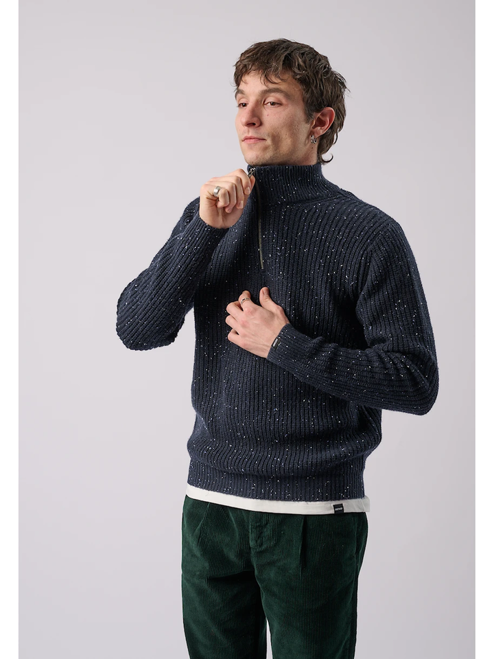 Blauwe pull met motief en korte rits Antwrp 