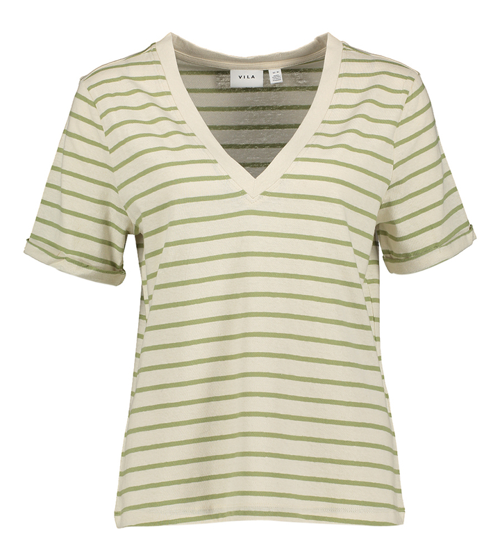 Birch/ sage t-shirt met v-hals en strepen Vila