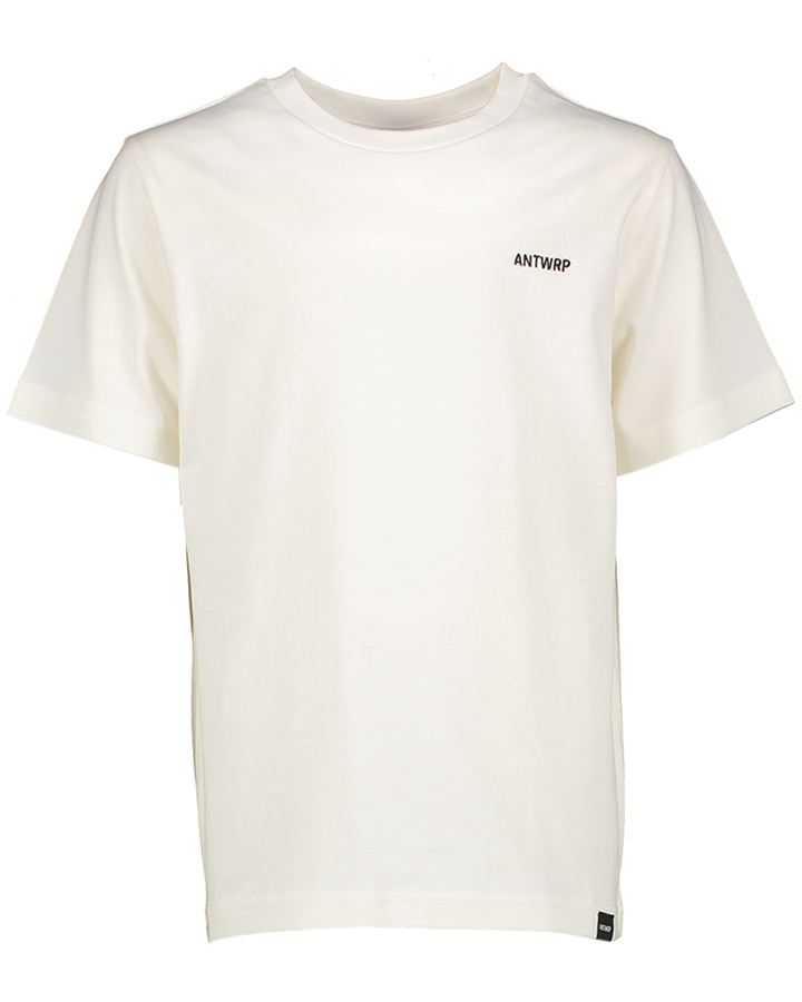 Ecru katoenen t-shirt met ronde hals en korte mouwen en print op de achterkant Antwrp