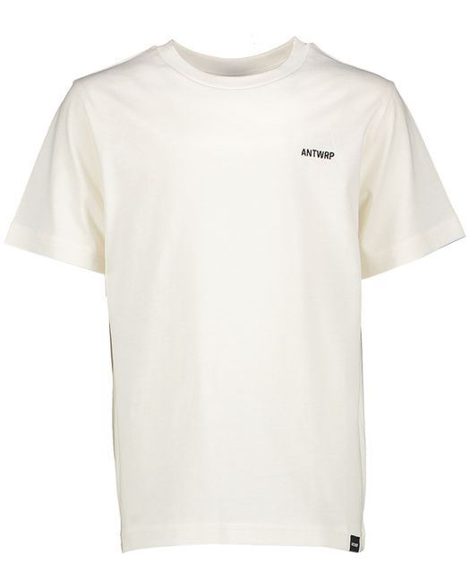Ecru katoenen t-shirt met ronde hals en korte mouwen en print op de achterkant Antwrp