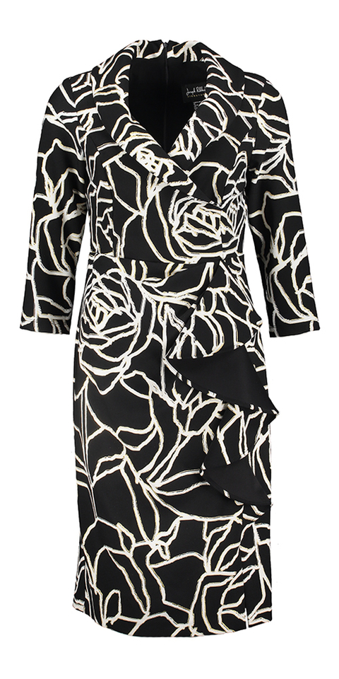 Zwarte jurk met witte print en goudkleurige details Joseph Ribkoff
