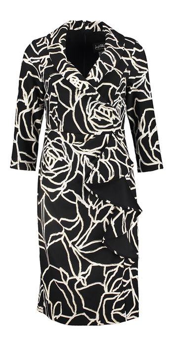 Zwarte jurk met witte print en goudkleurige details Joseph Ribkoff