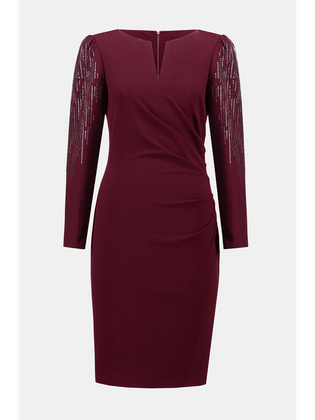 Joseph Ribkoff Bordeaux kleed met v-hals en strass aan de mouwen