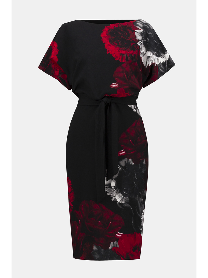 Zwart lang kleed met bloemenprint en lint in de taille Joseph Ribkoff 
